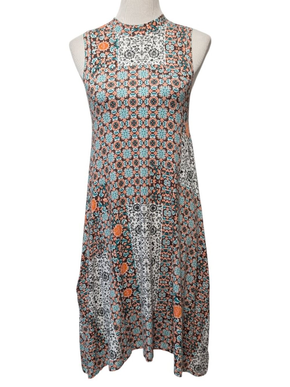 Maeve Anthropologie Size M Lilt Orange Brown Mixed Floral Geometric Swing Dress